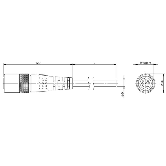 M16 Fem Droit 8p Inox; Câble PUR Blindé (4x2)x0.25 Noir 20m (60V)-Lire la description