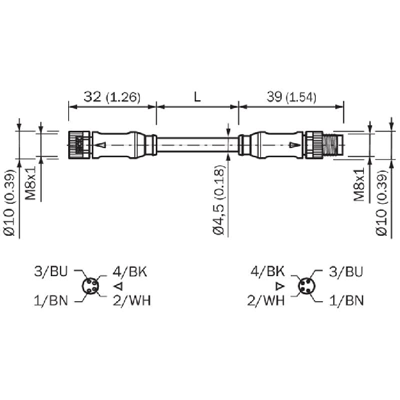 M08A Fem Droit 4p/M08A Mâle Droit 4p; PUR 4x0.25 Noir Cpc 5m-Lire la description