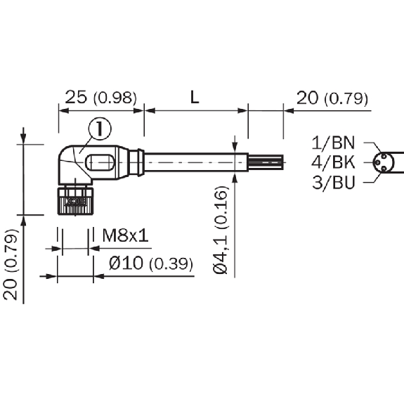M08A Fem Coudé 3p LED; Câble PUR 3x0,25 Noir Cpc 10m-Lire la description