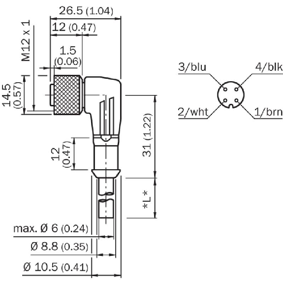 M12A Fem Coudé 4p; Câble PVC 4x0,25 Orange 2m-Lire la description