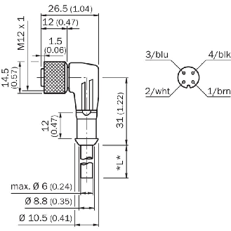 M12A Fem Coudé 4p; Câble PVC 4x0,25 Orange 2m-Lire la description