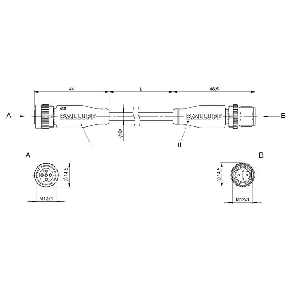 M12A Fem Droit 5p/M12A Mâle Droit 4p; Câble PUR 4x0.34 Noir Cpc 3m-Lire la description