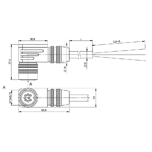 M16 Fem Coudé 8p; Câble PUR Blindé 8x0.25 Noir Cpc 5m (60V)-Lire la description
