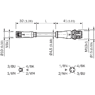 M08A Fem Droit 4p/M12A Mâle Droit 4p; Câble PUR 4x0.25 Noir Cpc 0.6m-Lire la description