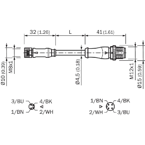 M08A Fem Droit 4p/M12A Mâle Droit 4p; Câble PUR 4x0.25 Noir Cpc 0.6m-Lire la description