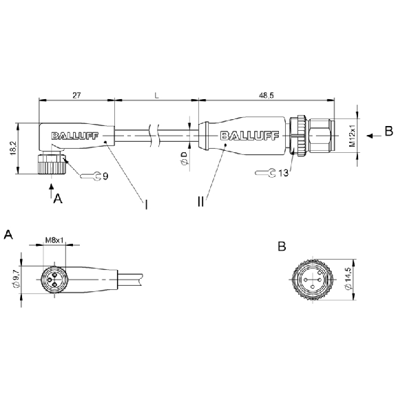 M12A Fem Coudé 3p LED/M12A Mâle Droit 3p; PUR 3x0.34 Noir Cpc 1m-Lire la description