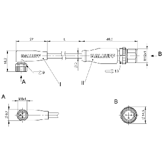 M12A Fem Coudé 3p LED/M12A Mâle Droit 3p; PUR 3x0.34 Noir Cpc 1m-Lire la description