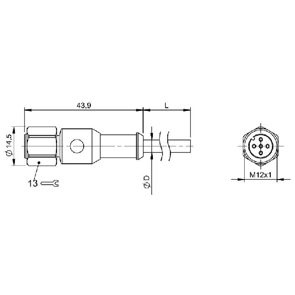 M12A Fem Droit 5p Inox WD; Câble PUR 4x0.34 Gris Cpc 10m (250V)-Lire la description