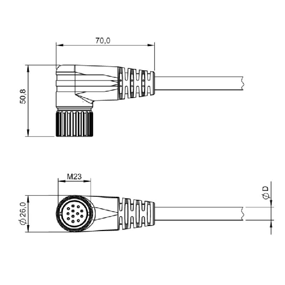 M23 Fem Coudé 12p anti-horaire; Câble PUR 11x(0.50+1.0) Noir Cpc 2m-Lire la description