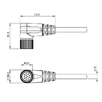 M23 Fem Coudé 12p anti-horaire; Câble PUR 11x(0.50+1.0) Noir Cpc 2m-Lire la description
