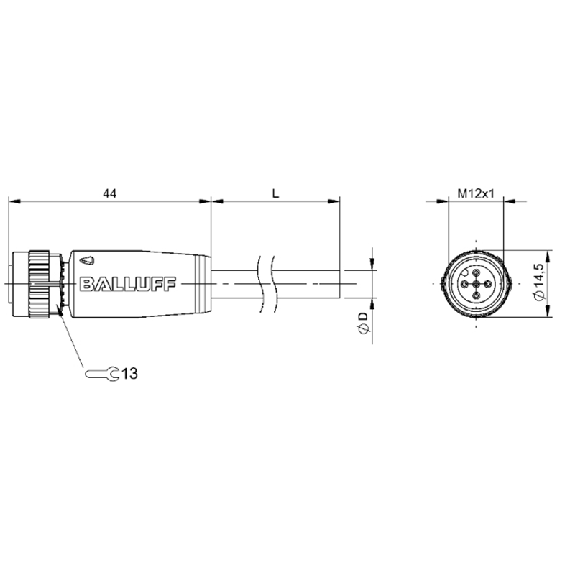 M12A Fem Droit 5p; Câble PUR 4x0.75 Noir 10m (250V)-Lire la description