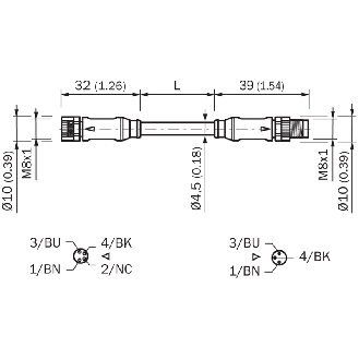 M08A Fem Droit 4p/M08A Mâle Droit 3p; PUR 4x0.25 Noir Cpc 2m-Lire la description