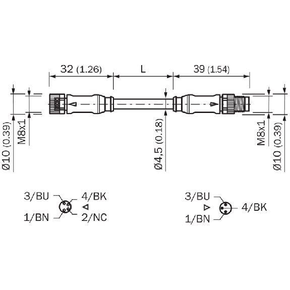 M08A Fem Droit 4p/M08A Mâle Droit 3p; PUR 4x0.25 Noir Cpc 2m-Lire la description