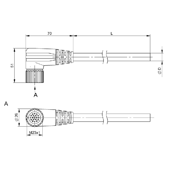 M23 Fem Coudé 19p anti-horaire; Câble PUR 19x(0.50+1.0) Noir Cpc 25m-Lire la description