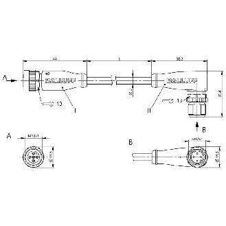 M12A Fem Droit 5p/M12A Mâle Coudé 4p; PUR 4x0.34 Noir Cpc 0.3m-Lire la description