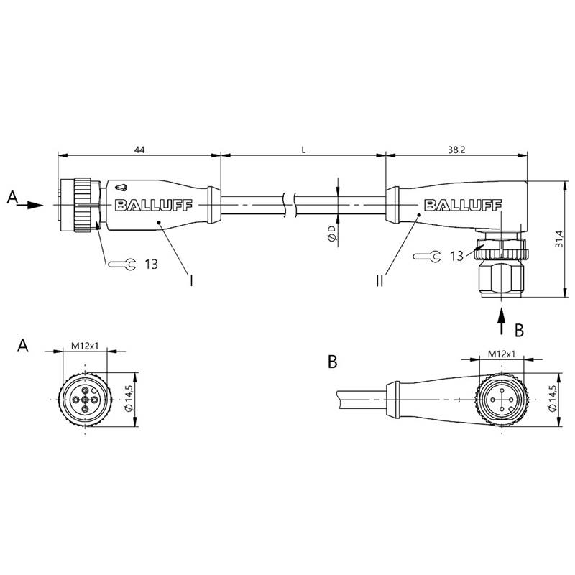 M12A Fem Droit 5p/M12A Mâle Coudé 4p; PUR 4x0.34 Noir Cpc 0.3m-Lire la description