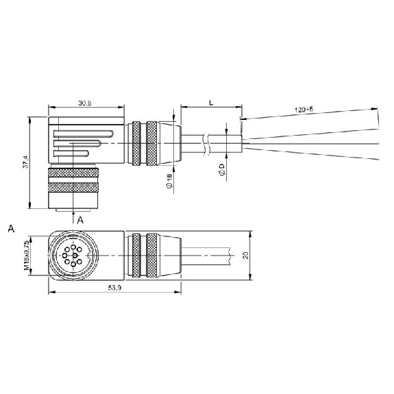 M16 Fem Coudé 8p; Câble PUR Blindé 8x0.25 Noir Cpc 10m (60V)-Lire la description