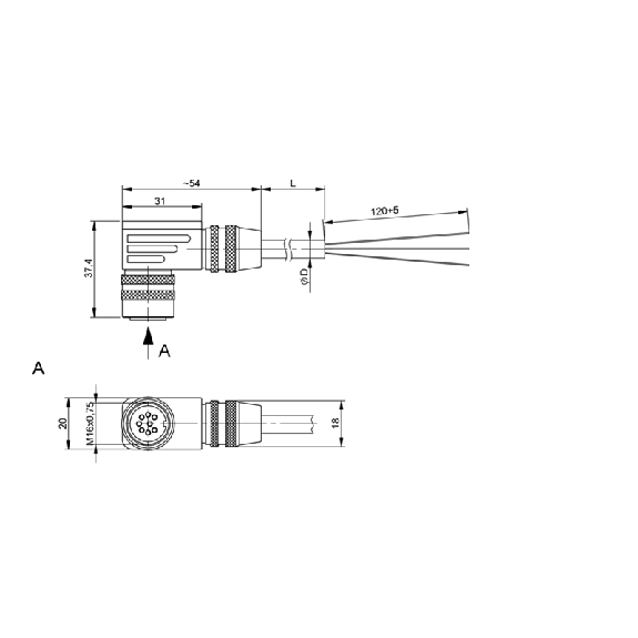 M16 Fem Coudé 8p; Câble PUR Blindé 8x0.25 Noir Cpc 20m (60V)-Lire la description