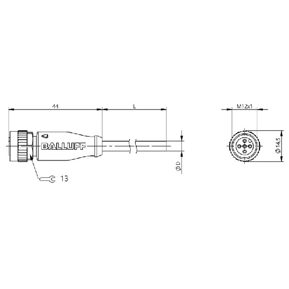 M12A Fem Droit 5p; Câble PVC 5x034 Gris 5m (60V)-Lire la description