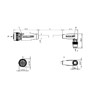 M12A Fem Droit 5p/M08A Mâle Coudé 3p; PUR 3x0.34 Noir Cpc 5m-Lire la description
