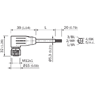 M12A Fem Coudé 4p; Câble PVC 4x0,34 Gris 5m-Lire la description