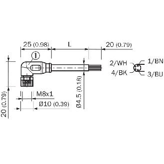 M08A Fem Coudé 4p LED; Câble PUR 4x0.25 Noir Cpc 5m-Lire la description
