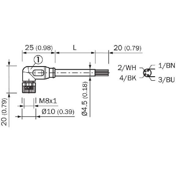 M08A Fem Coudé 4p LED; Câble PUR 4x0.25 Noir Cpc 5m-Lire la description
