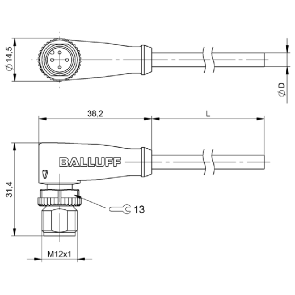 M12A Mâle Droit 4p LED; Câble PUR 4x0.34 Noir Cpc 10m 30V-Lire la description