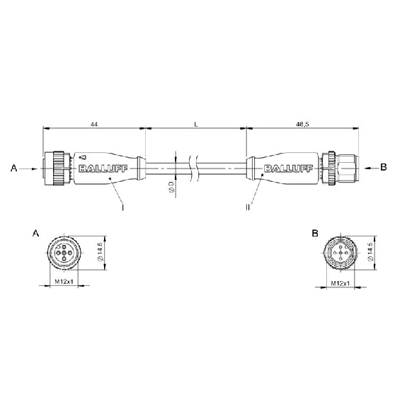 M12A Fem Droit 5p/M12A Mâle Droit 5p; PUR 5x0.34 Noir Cpc 3m-Lire la description