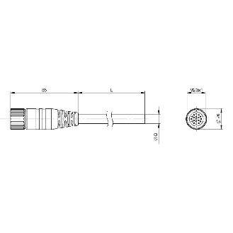 M23 Fem Droit 19p anti-horaire; Câble PUR 19x(0.50+1.0) Noir Cpc 5m-Lire la description