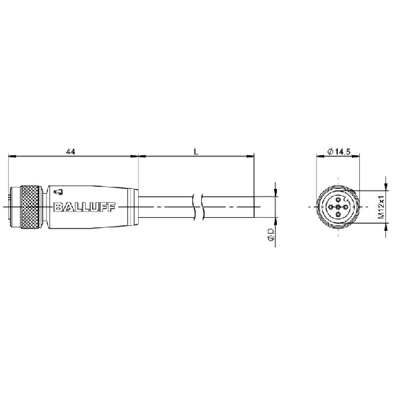 M12A Fem Droit 4p; Câble PUR Blindé 0.34 Noir Cpc 7m (250V)-Lire la description