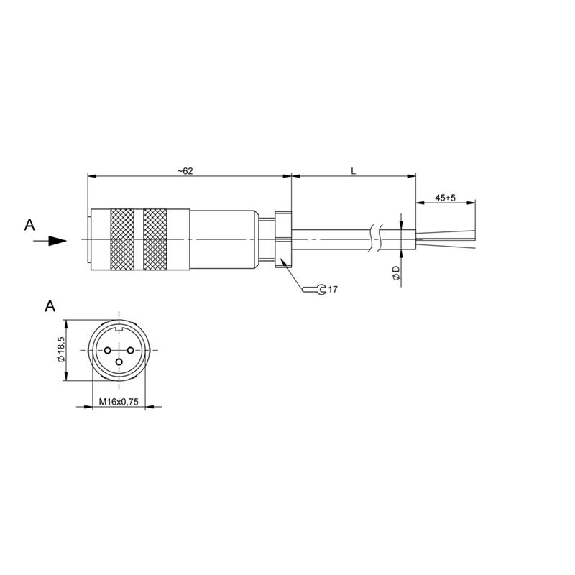 M16 Fem Droit 3p; PUR Blindé 3x0.25 Gris 5m (250V)-Lire la description