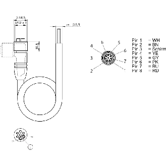 Connecteur femelle droit M12A avec câble PUR blindé 25m-Lire la description