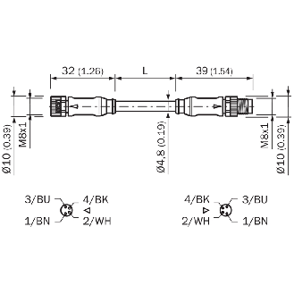 M08A Fem Droit 4p/M08A Mâle Droit 4p; PVC 4x0,25 Gris 0.6m-Lire la description