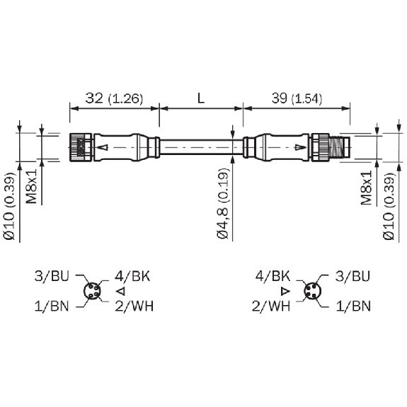 M08A Fem Droit 4p/M08A Mâle Droit 4p; PVC 4x0,25 Gris 0.6m-Lire la description