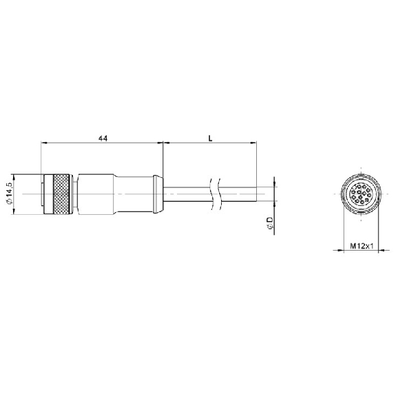 M12A Fem Droit 12p; Câble PUR Blindé 12x0,25 Noir Cpc 20m (30V)-Lire la description