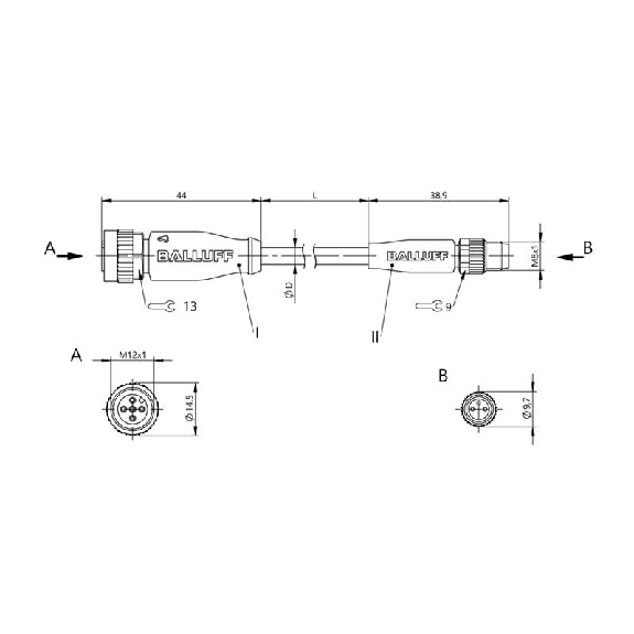 M12A Fem Droit 5p/ M08A Mâle Droit 3p; Câble PVC 3x0.34 Gris Cpc 3m-Lire la description
