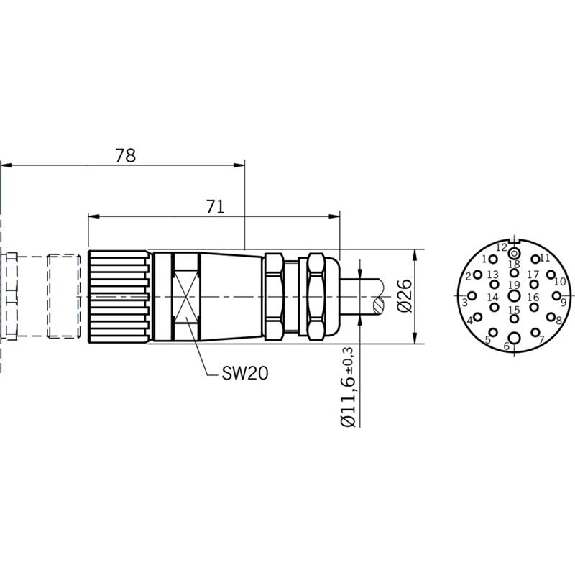 M23 Fem Droit 19p; Câble PUR 16x0,5+3x1 Noir 15m M23 Fem Droit 19p; Câble PUR 16x0,5+3x1 Noir 15m-Lire la description