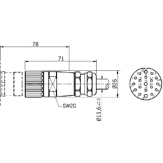 M23 Fem Droit 19p; Câble PUR 16x0,5+3x1 Noir 15m-Lire la description