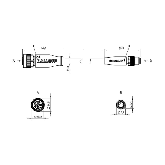 M12A Fem Droit 5p/M08A Mâle Droit 3p; Câble PUR 3x0.34 Noir Cpc 5m-Lire la description