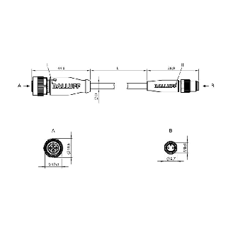 M12A Fem Droit 5p/M08A Mâle Droit 3p; Câble PUR 3x0.34 Noir Cpc 5m-Lire la description