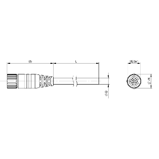 M23 Fem Droit 19p anti-horaire; Câble PUR 19x(0.50+1.0) Noir Cpc 20m-Lire la description