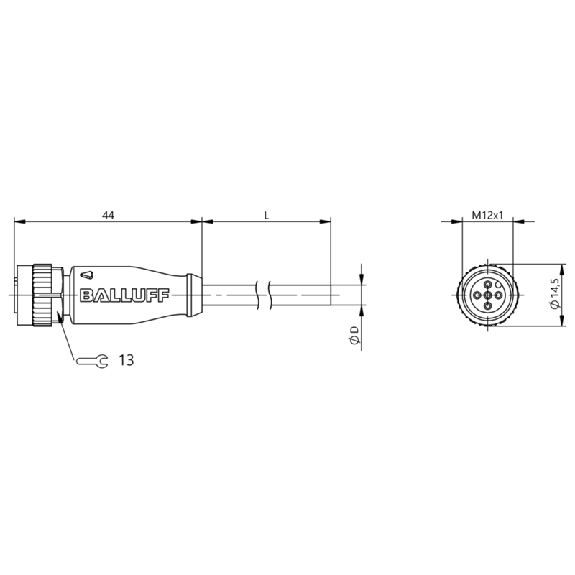 M12A Fem Droit 5p; Câble PVC 4x0.34 Gris Cpc 2m (250V)-Lire la description