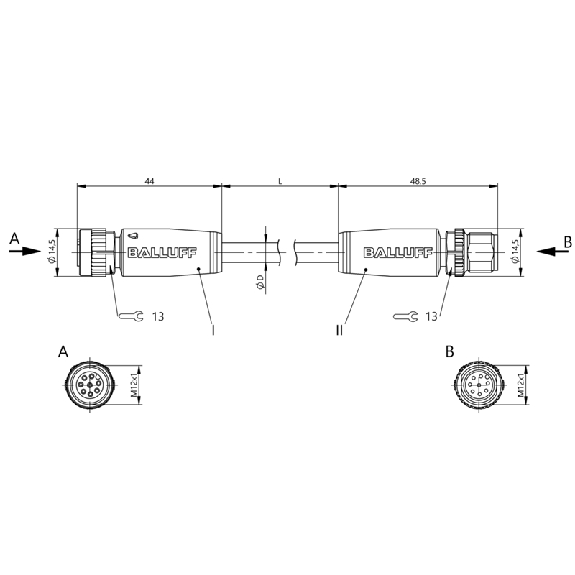 M12A Fem Droit 8p/M12A Mâle Droit 8p; PUR 8x0,25 Jaune Cpc 20m-Lire la description