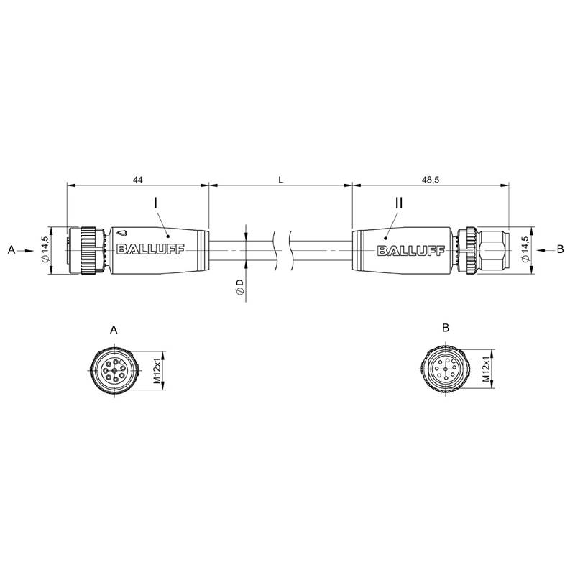 M12A Fem Droit 8p/M12A Mâle Droit 8p; PUR 8x0,25 Noir Cpc 0,6m-Lire la description