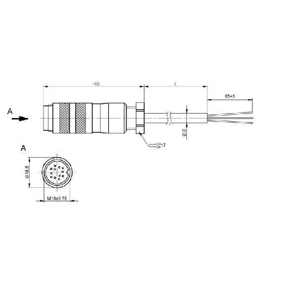 M16 Fem Droit 12p; PUR Blindé 12x0.14 Gris 5m (75Vac/60Vdc)-Lire la description