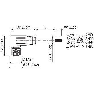 M12A Fem Coudé 8p; Câble PUR 8x0.25 Noir Cpc 2m (30V)-Lire la description