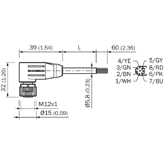 M12A Fem Coudé 8p; Câble PUR 8x0.25 Noir Cpc 2m (30V)-Lire la description