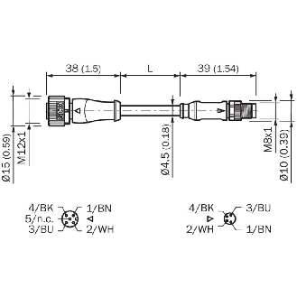 M12A Fem Droit 4p/M08A Mâle Droit 4p; Câble PUR 4x0.25 Noir Cpc 2m-Lire la description