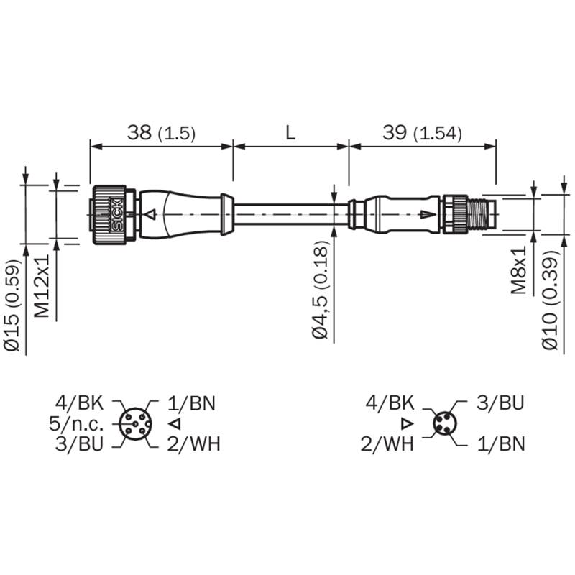 M12A Fem Droit 4p/M08A Mâle Droit 4p; Câble PUR 4x0.25 Noir Cpc 2m-Lire la description